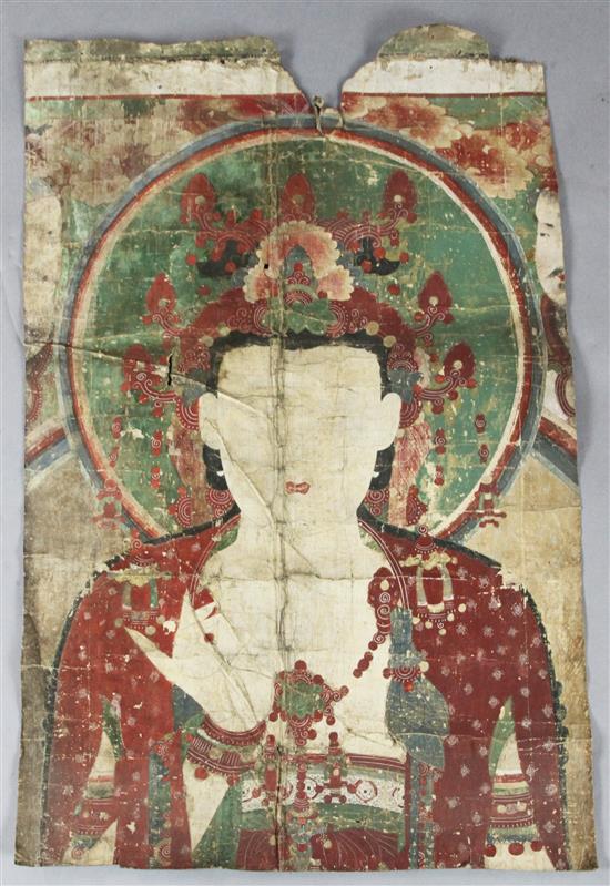 Three Chinese or Korean fragmentary temple paintings/thangkas of immortals, 17th/18th century, the largest 157.5cm x 64cm